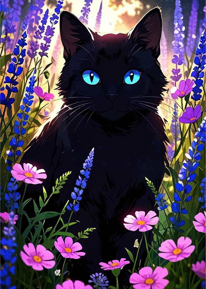 Black cat in a flower field