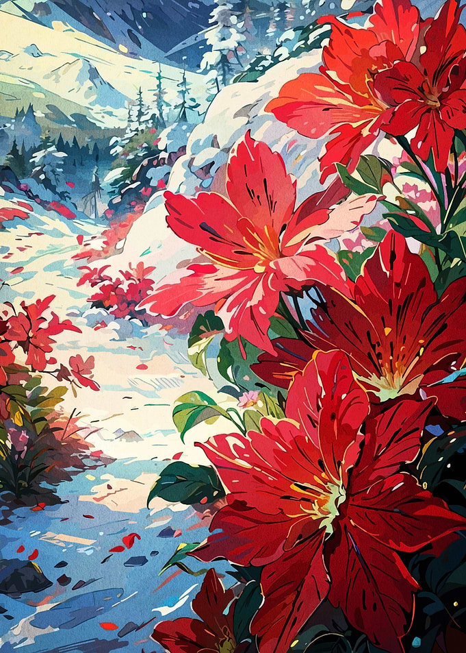 Winter Landscape with Red Flowers