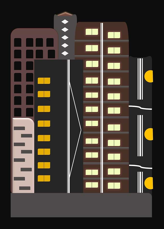 Cityscape at Night with Lit Windows
