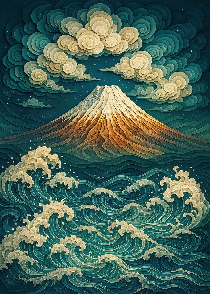 Mount Fuji and Ocean Waves Art