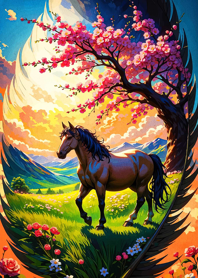Horse in Spring Blossom Landscape