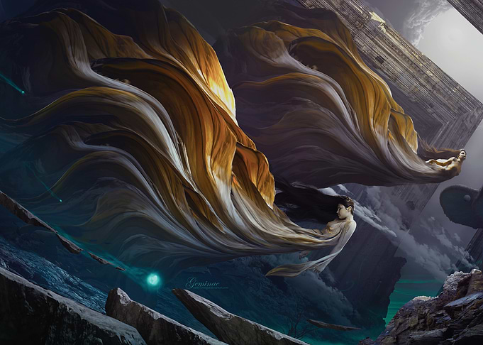 Surreal Landscape with Floating Figures