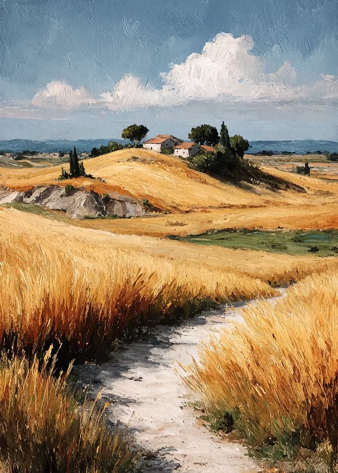 Tuscan Landscape Painting with Wheat Field