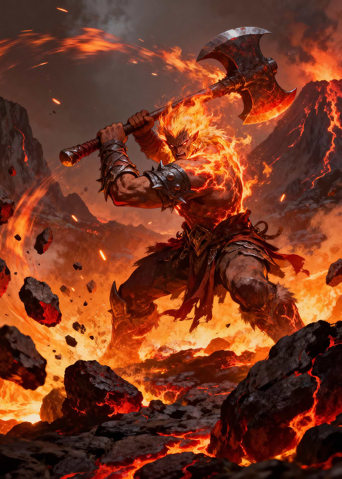 Fiery Warrior with Axe in Lava Field