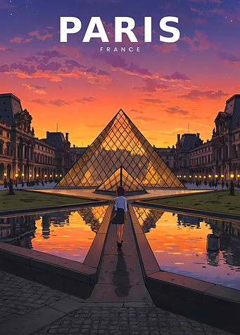 Vintage Anime Louvre Courtyard Scene