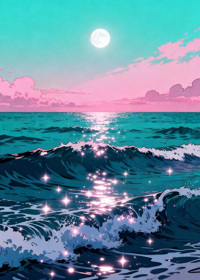 Ocean Waves Under Moonlight