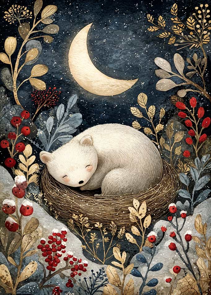 Sleeping Bear Cub Under Crescent Moon