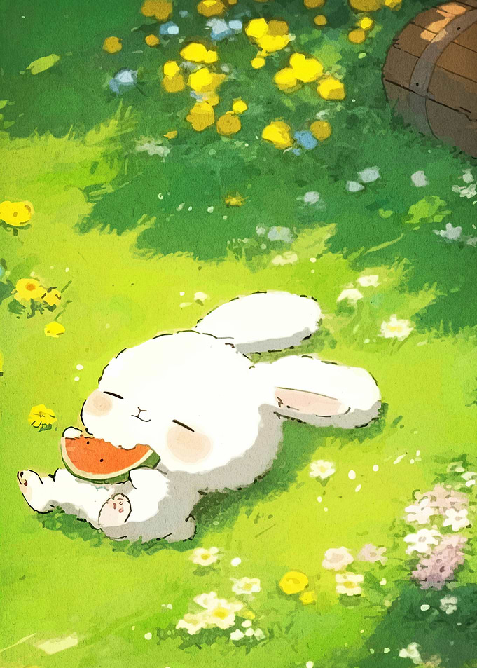 Cute Bunny Eating Watermelon in Meadow