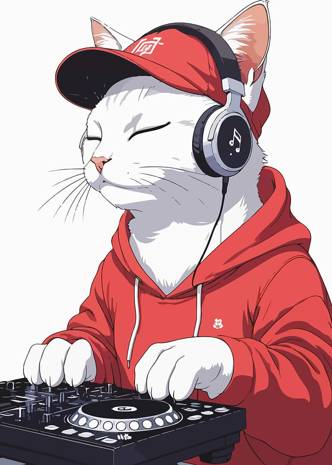 DJ Cat with Headphones and Turntable
