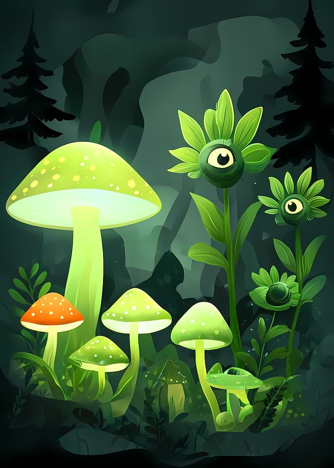 Enchanted Forest with Mushrooms and Eyeflowers