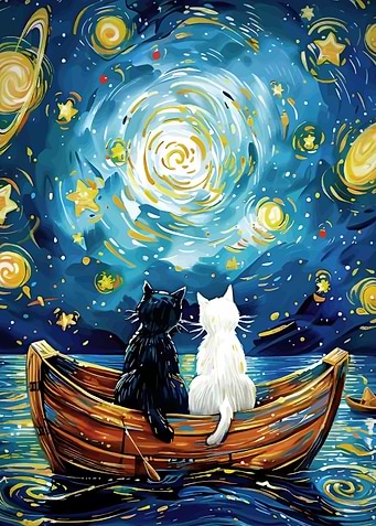 Cats in Boat Under Starry Night