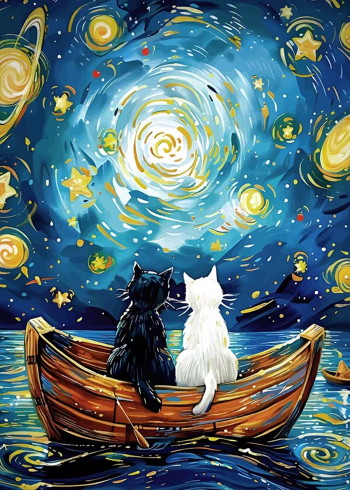 Cats in Boat Under Starry Night