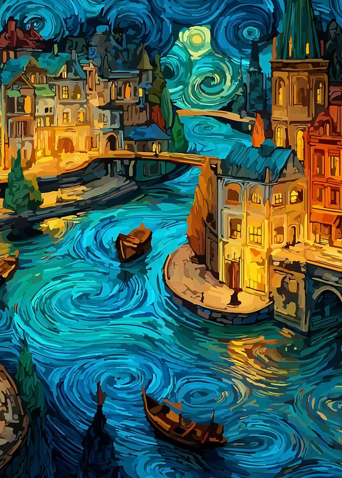 Starry Night Cityscape Painting