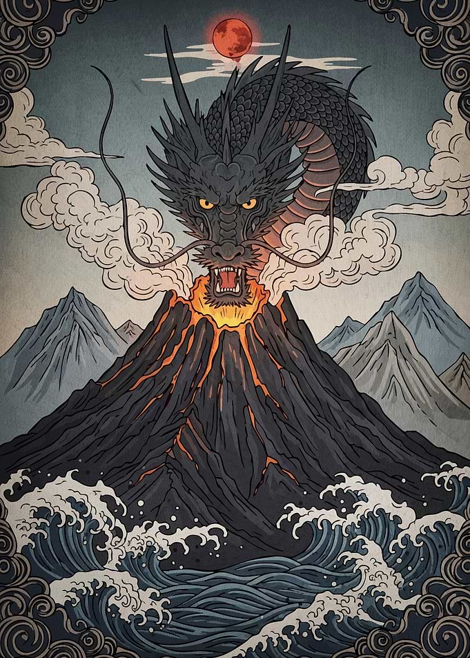 Dragon atop erupting volcano
