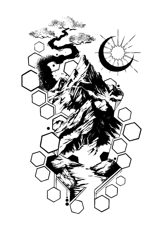 Mountain and Moon Geometric Tattoo Design