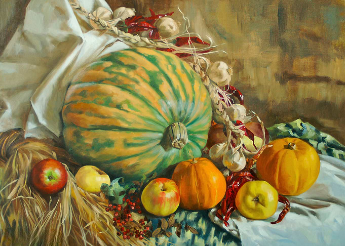 Autumn Still Life with Pumpkins and Apples