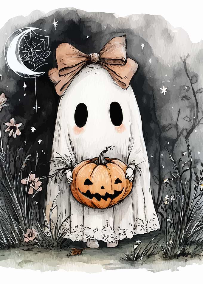 Cute Ghost with Pumpkin Halloween Art