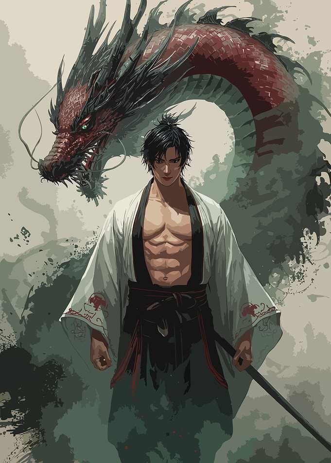 Watercolor art of Samurai Warrior and Dragon