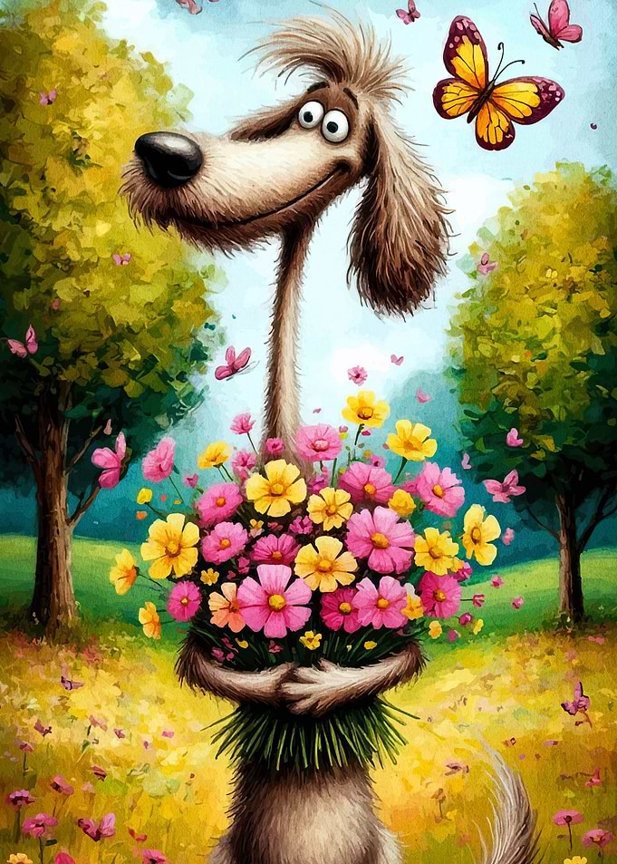 Cartoon Dog with Flowers and Butterflies