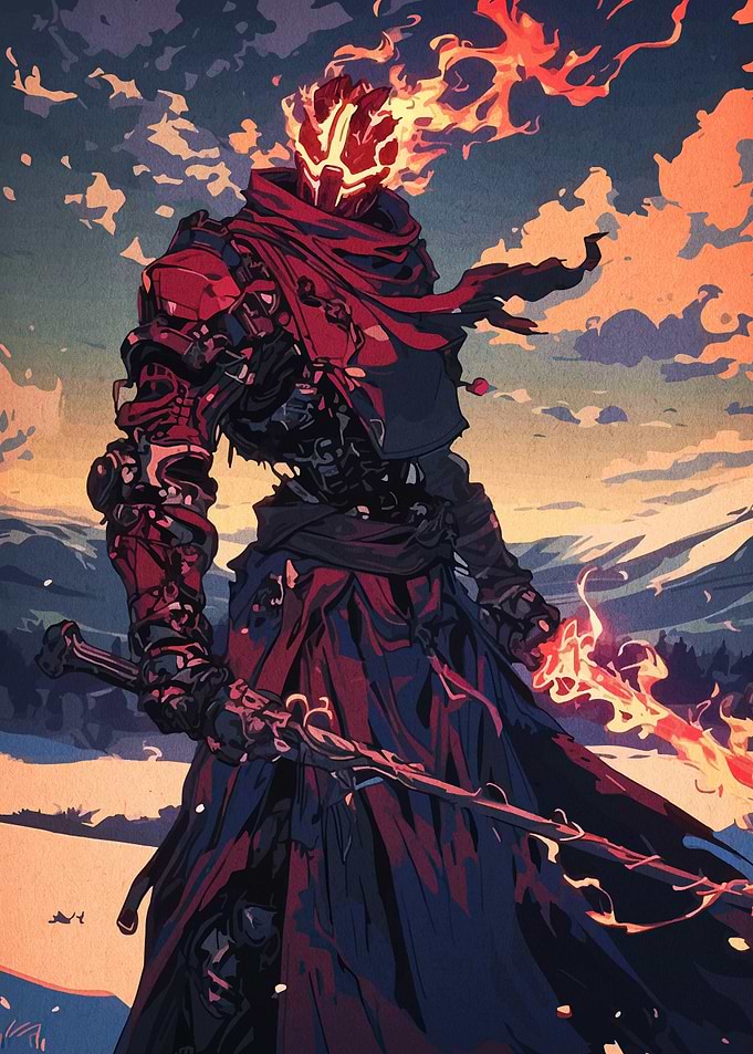 Flaming Warrior in Snowy Landscape