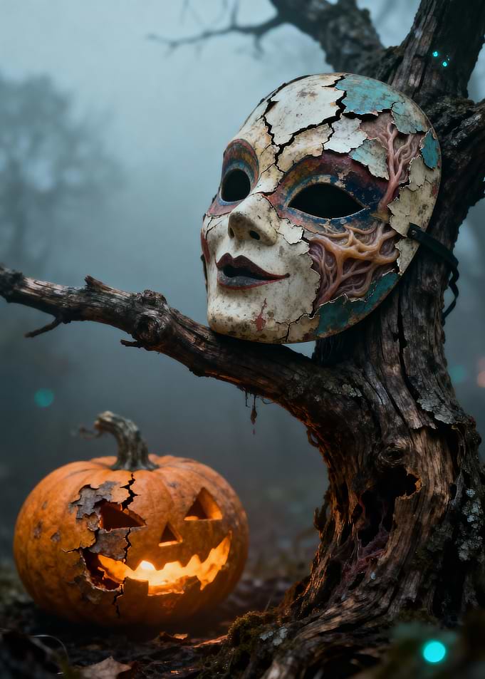 Halloween Mask and Pumpkin in Fog