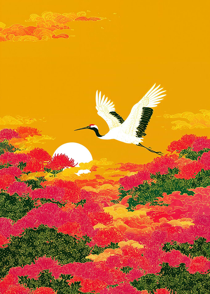 Crane Flying Over Flowers at Sunset