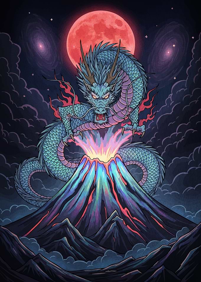 Dragon erupting volcano red moon
