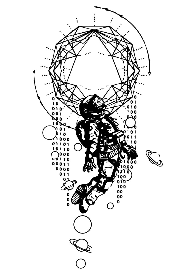 Astronaut in Space with Geometric Shapes