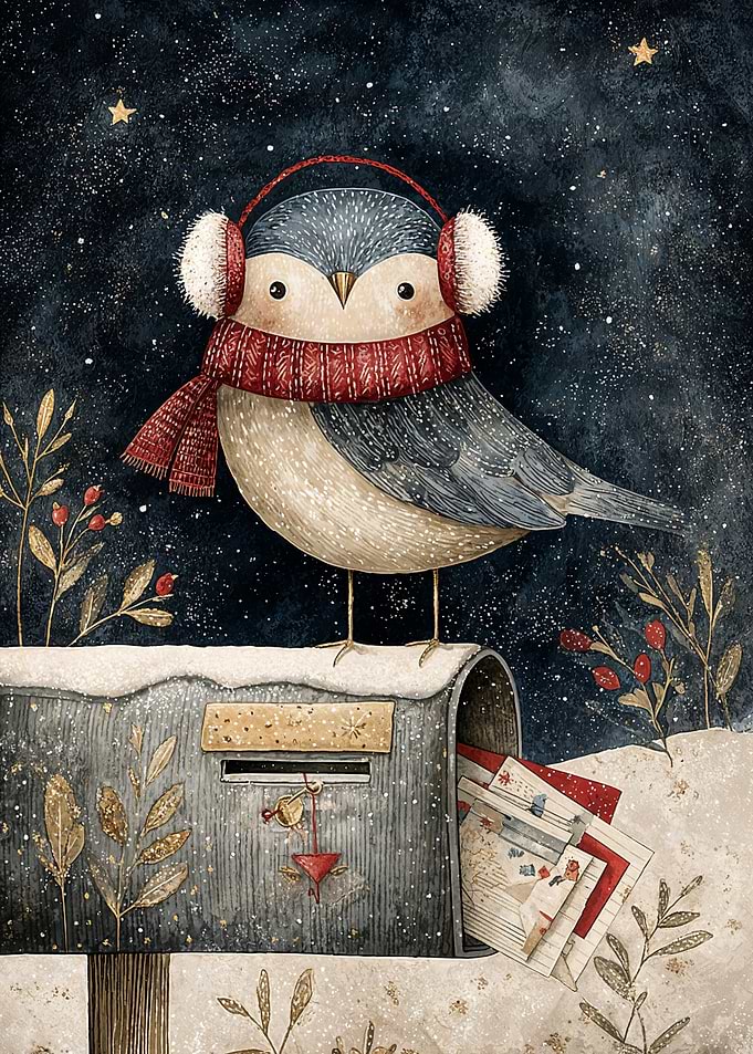 Winter Bird on Mailbox Illustration