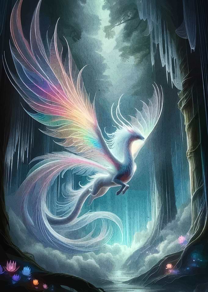 Rainbow-winged creature in mystical forest