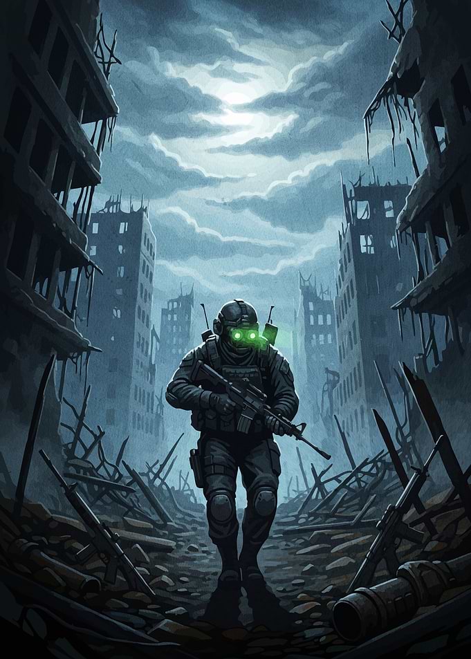 Soldier Ruined Cityscape