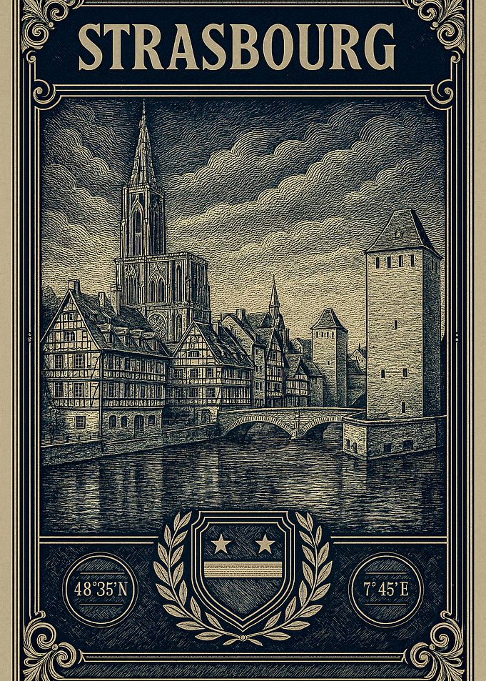 Strasbourg Cityscape Vintage Travel Poster