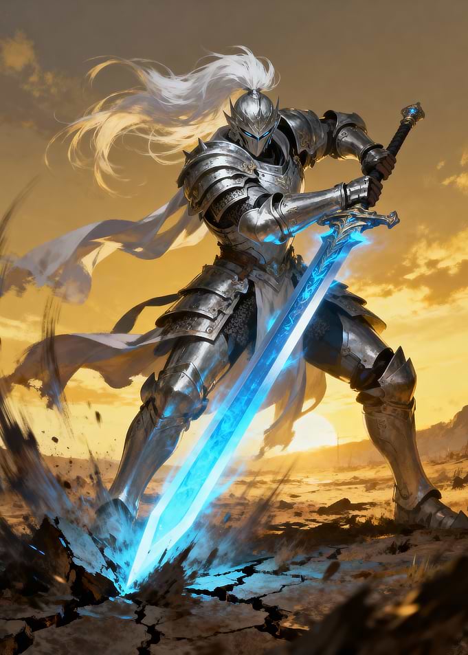 Knight with Glowing Sword in Desert