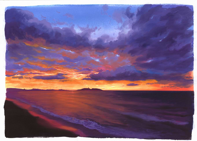 Dramatic Sunset Over Ocean and Beach