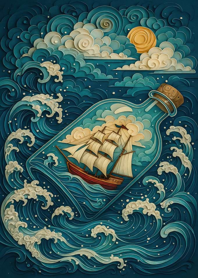 Ship in a Bottle Ocean Scene