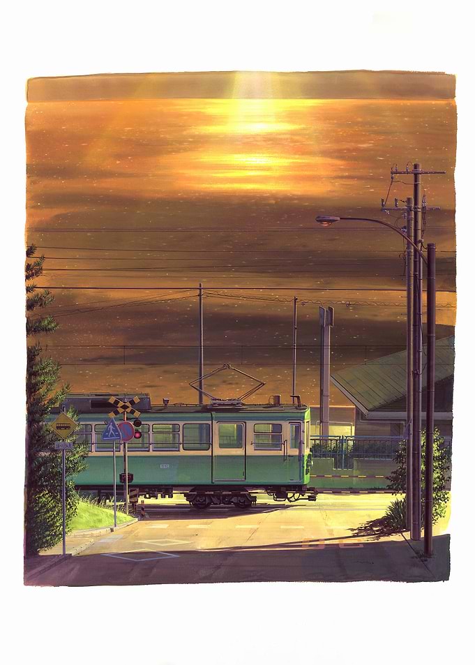 Green Train at Sunset
