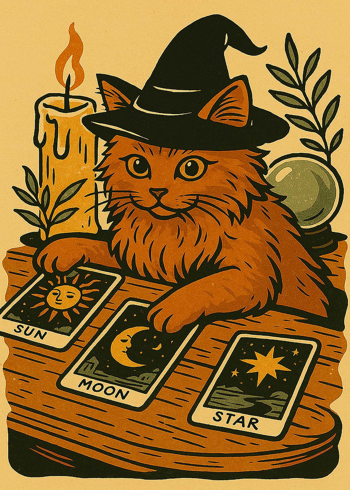 Cartoon Cat Witch Tarot Reading Illustration