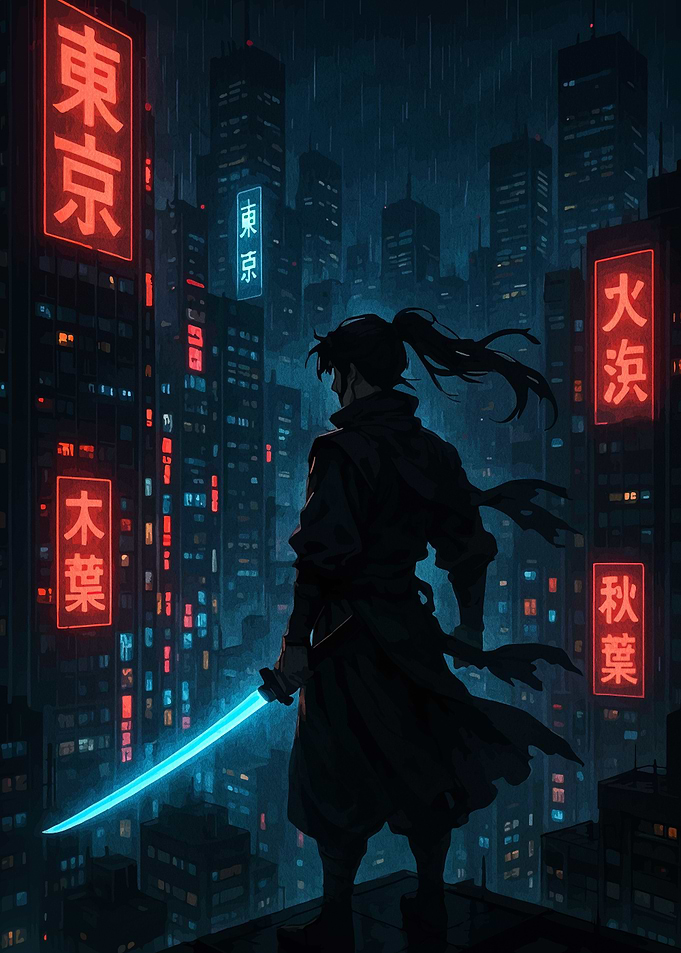 Cyberpunk Samurai in Rainy Tokyo