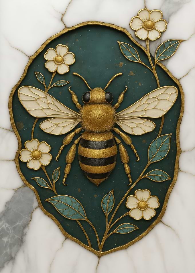 Bee and Flowers on Marble Background