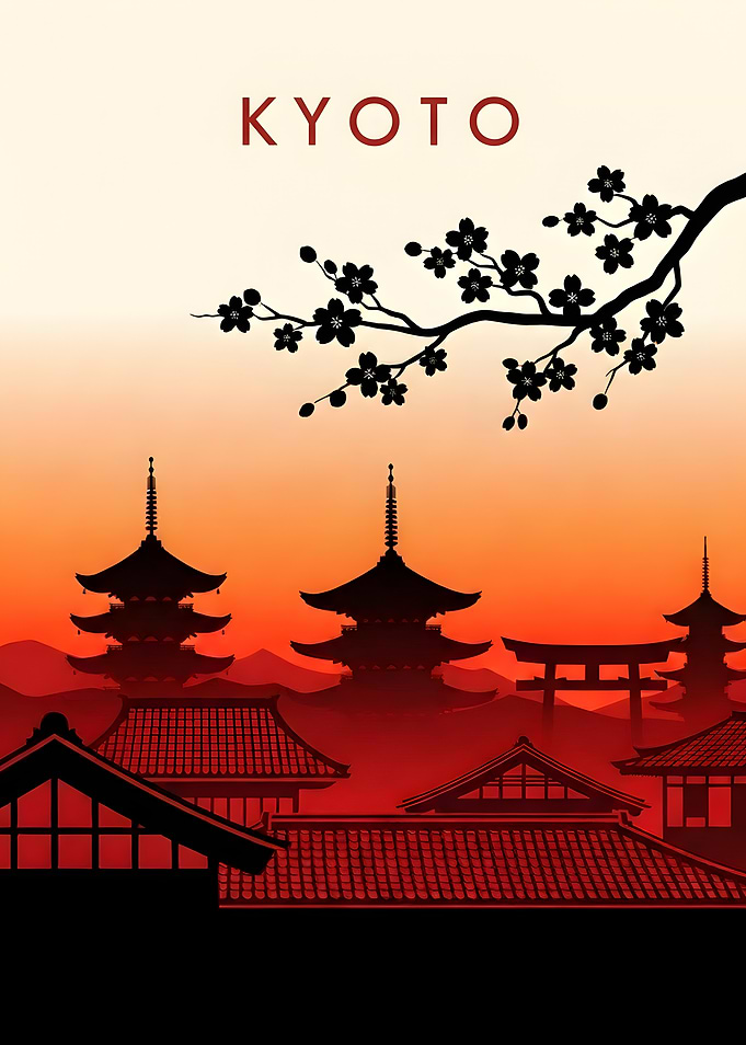 Kyoto Silhouette with Cherry Blossoms