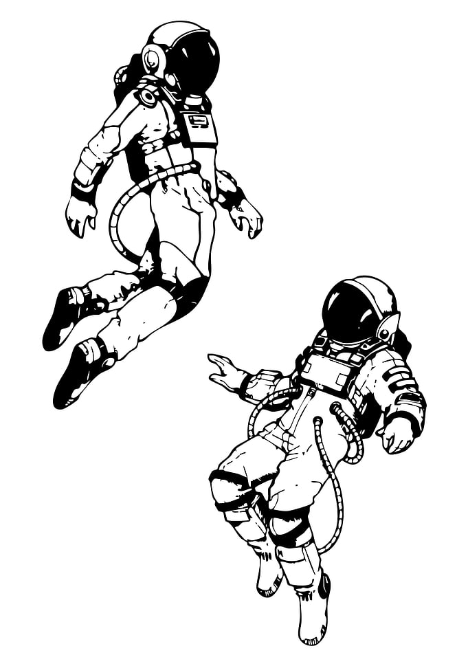 Two Astronauts Floating in Space, Black and White