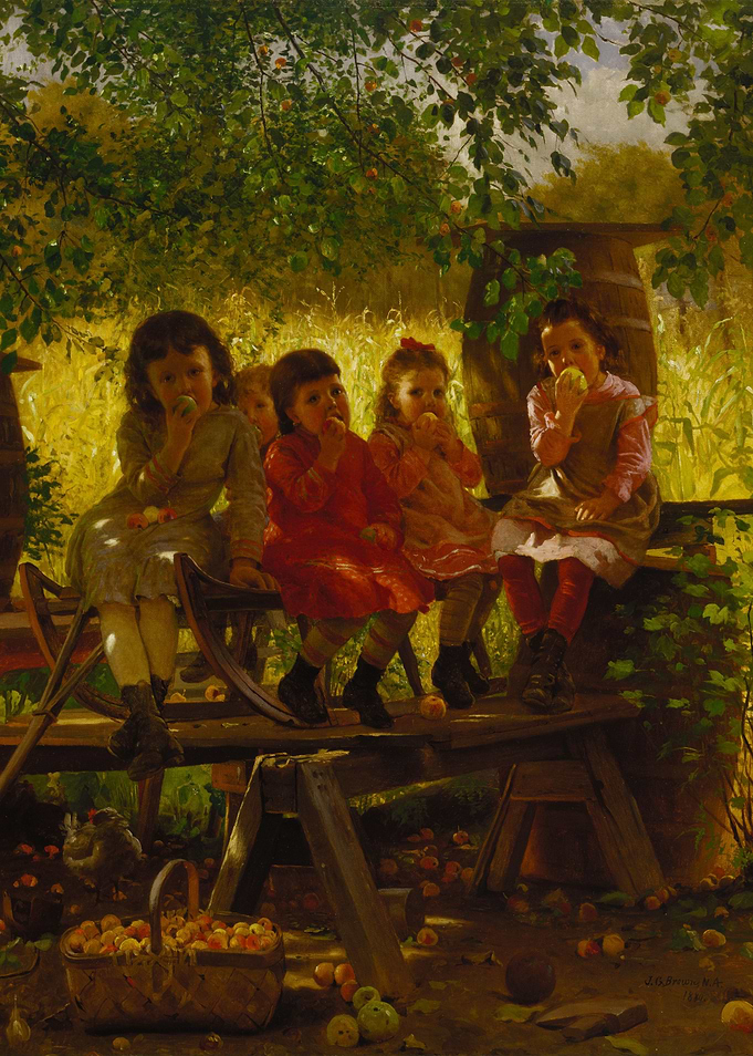 Children Eating Apples in Orchard Painting