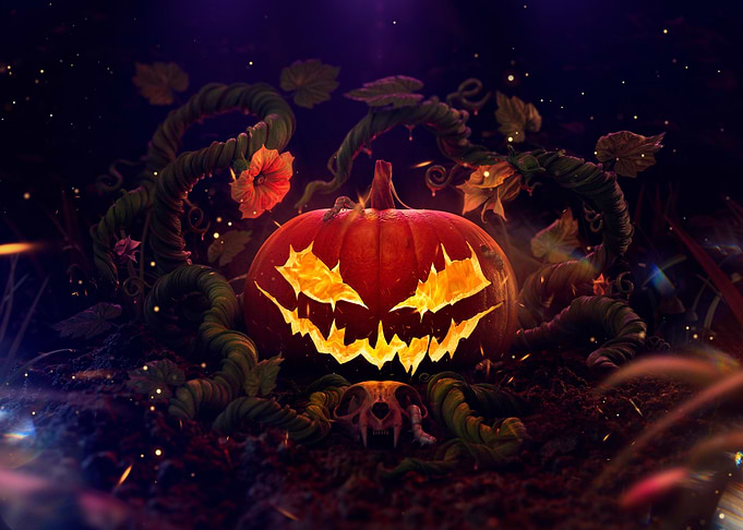 Halloween Pumpkin with Skull and Vines