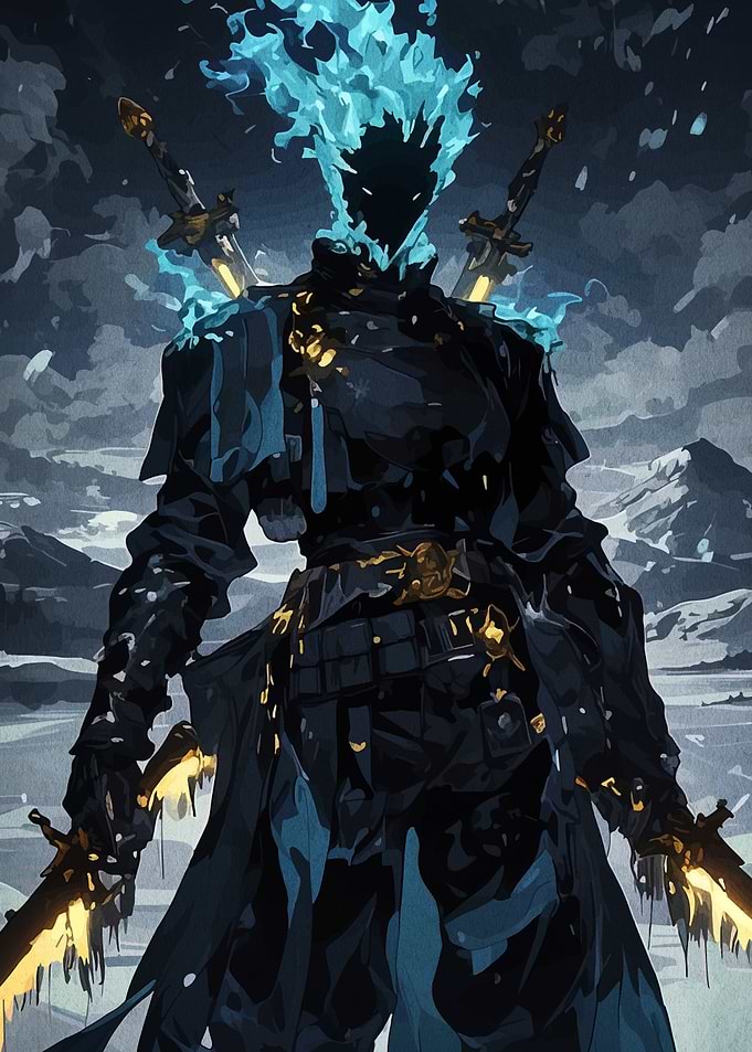 Flaming Head Warrior with Swords