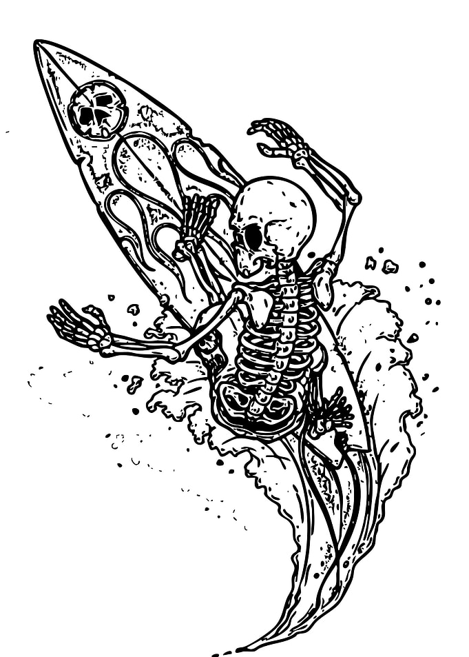 Skeleton Surfer Black and White Illustration
