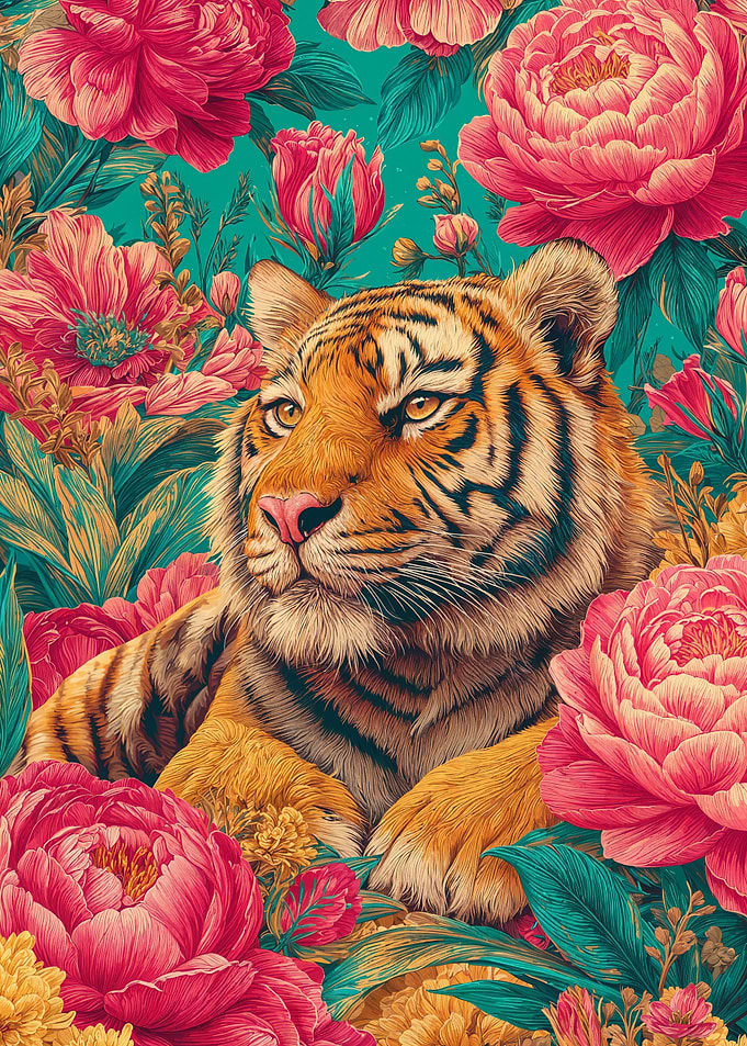 Tiger Portrait Surrounded by Pink Flowers