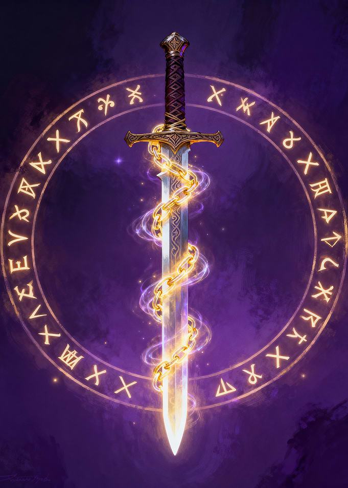 Enchanted Sword with Runes and Chain