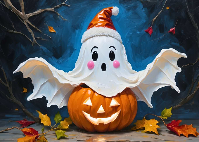 Festive Halloween Ghost on Pumpkin