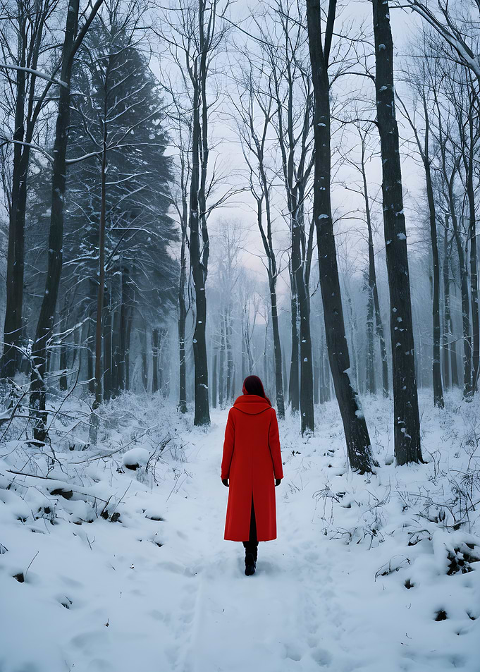 a woman walking in a snowy forest