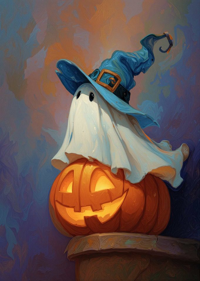 Halloween Ghost on Pumpkin with Witch Hat